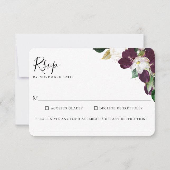 Purple Ivory Floral Wedding Food Allergy RSVP Card (Front)