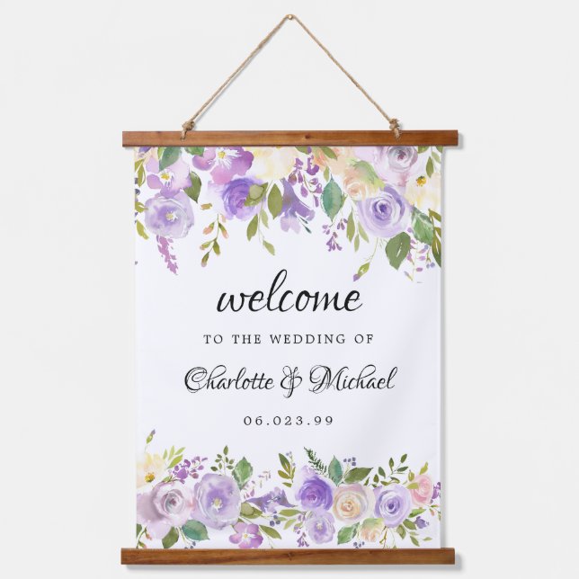 Purple Ivory Floral Wedding Keepsake Welcome Sign Hanging Tapestry (Front)