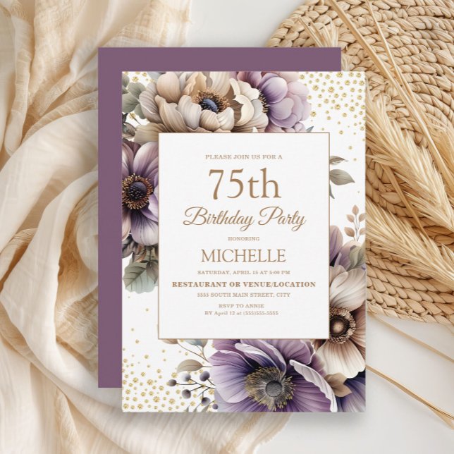 Purple Ivory Florall Gold Glitter 75th Birthday Invitation (Elegant purple and ivory watercolor floral women's 75th birthday party invitation)