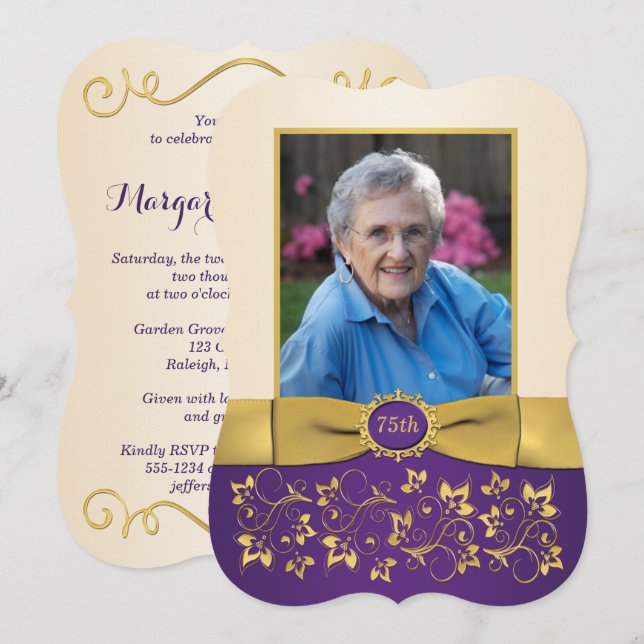 Purple, Ivory, Gold 75th Photo Birthday Invitation (Front/Back)