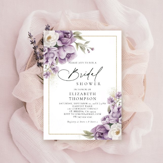 Purple Ivory Gold Floral Elegant Bridal Shower Invitation (purple ivory gold bridal shower invitation watercolor elegant floral mauve green barn ranch garden)