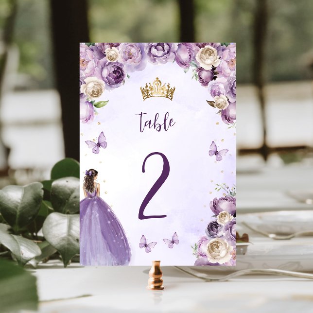 Purple Ivory Gold Floral Princess Quinceañera Table Number (Creator Uploaded)
