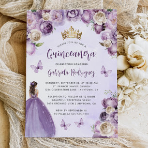 Purple Ivory Gold Floral Watercolor Quinceañera Invitation
