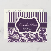 Purple, Ivory, Pink Damask Save the Date Card (Front/Back)