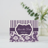 Purple, Ivory, Pink Damask Save the Date Card (Standing Front)