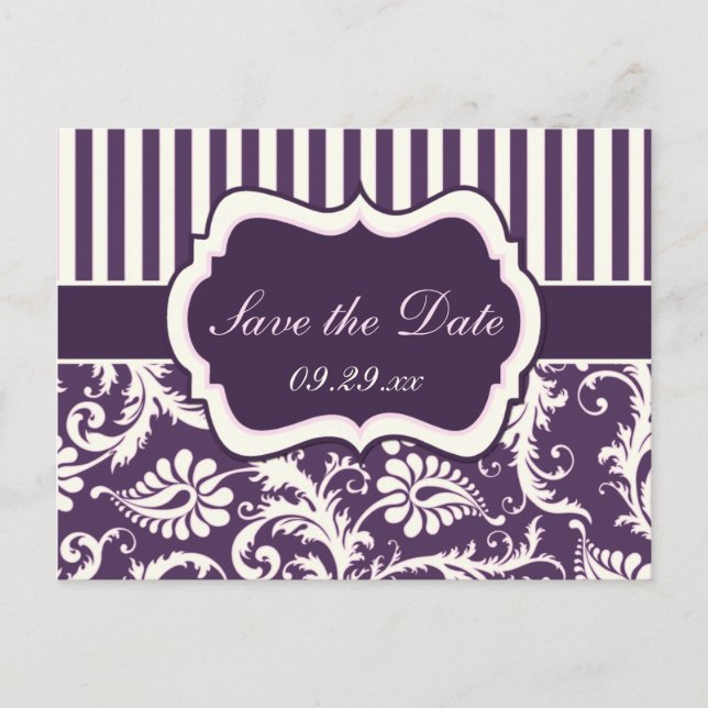 Purple, Ivory, Pink Damask Save the Date Card (Front)