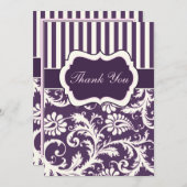 Purple, Ivory, Pink Striped Damask Thank You Card (Front/Back)