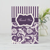 Purple, Ivory, Pink Striped Damask Thank You Card (Standing Front)