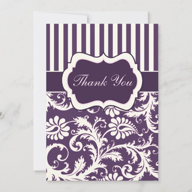 Purple, Ivory, Pink Striped Damask Thank You Card (Front)