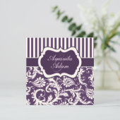 Purple, Ivory, Pink Striped Damask Wedding Invite (Standing Front)