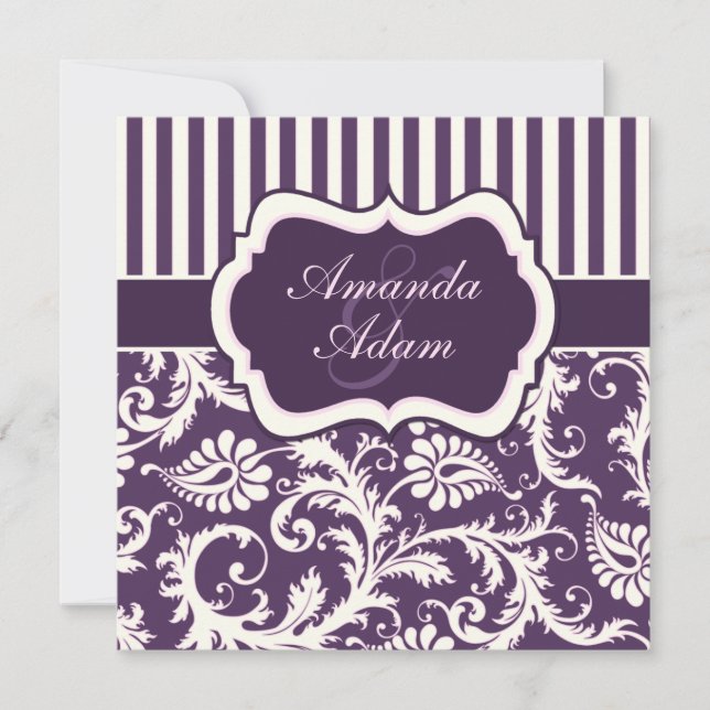 Purple, Ivory, Pink Striped Damask Wedding Invite (Front)