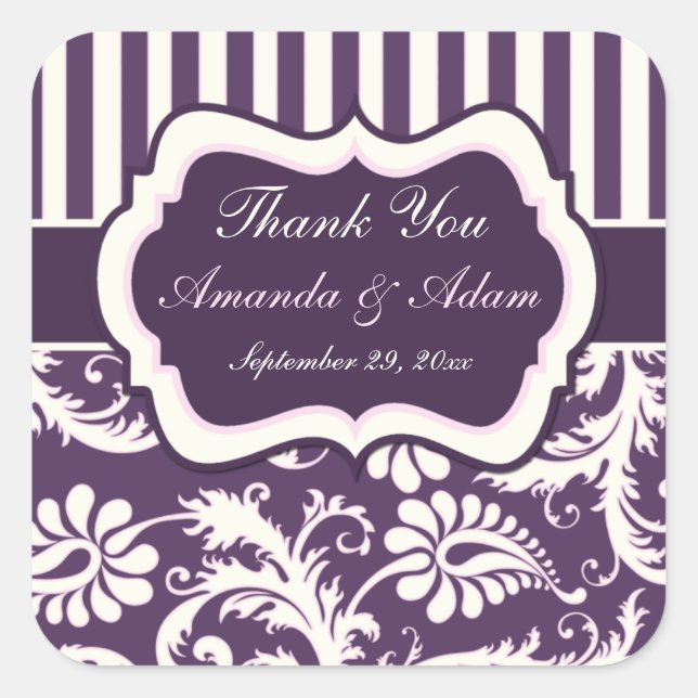 Purple, Ivory, Pink Striped Damask Wedding Sticker (Front)