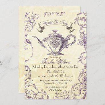 Purple Ivory Roses vintage Bridal Tea Invitation
