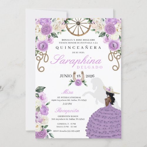 Purple  Ivory Roses Western Cowgirl Quinceaera Invitation