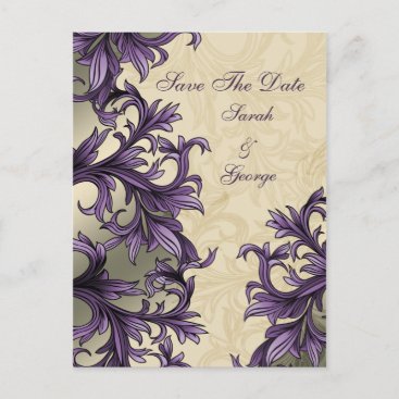 Purple ivory Vintage Flourish Wedding Announcement Postcard