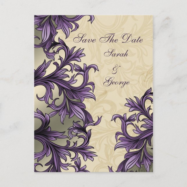 Purple ivory Vintage Flourish Wedding Announcement Postcard (Front)