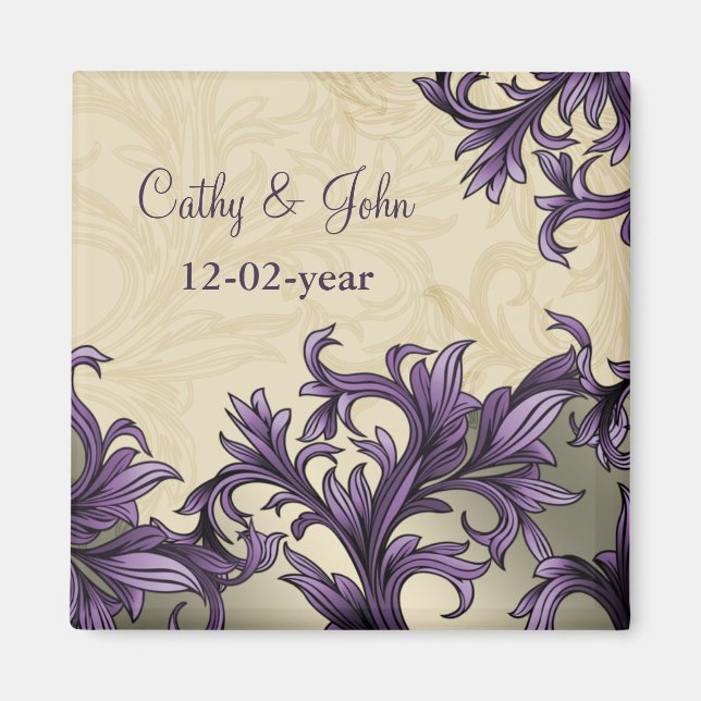 Purple ivory Vintage Flourish Wedding Magnet (Front)