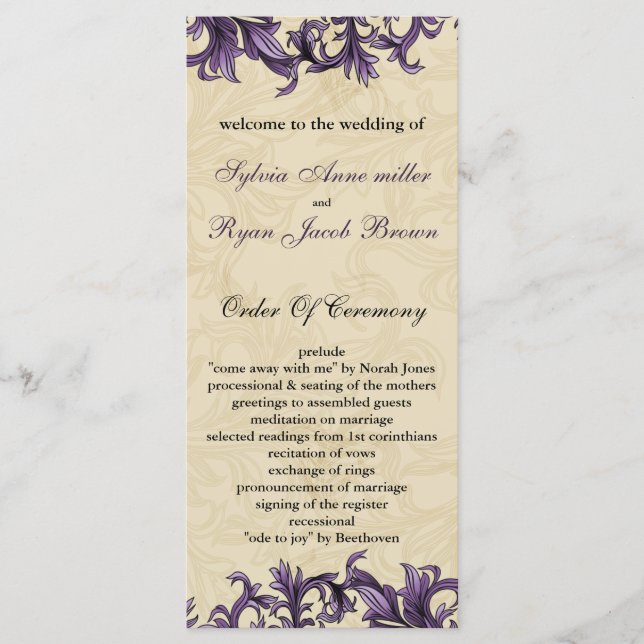 Purple ivory Vintage Flourish Wedding Program (Front)