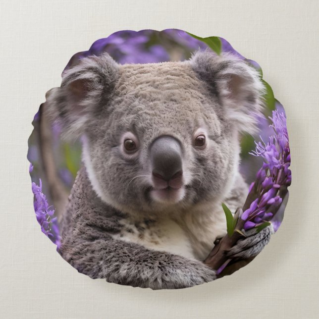 Purple Jacaranda Koala Bear, Round Pillow (Front)