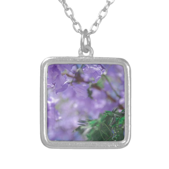 Purple Jacaranda Tree Flowers Silver Plated Necklace (Front)