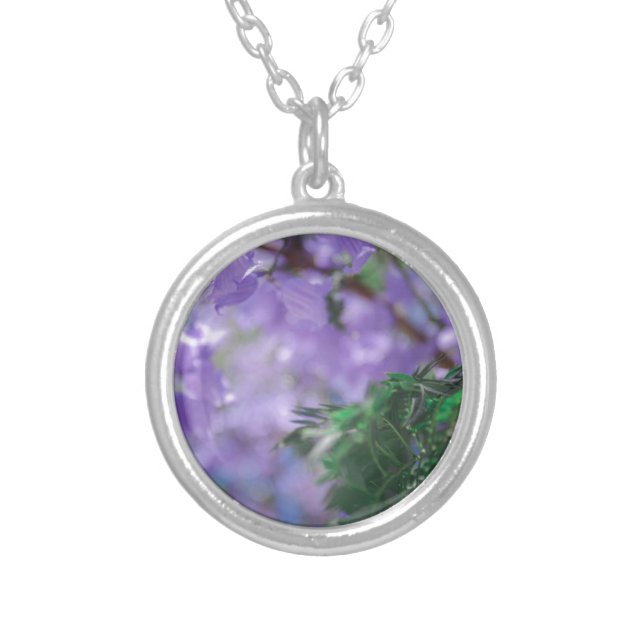 Purple Jacaranda Tree Flowers Silver Plated Necklace (Front)