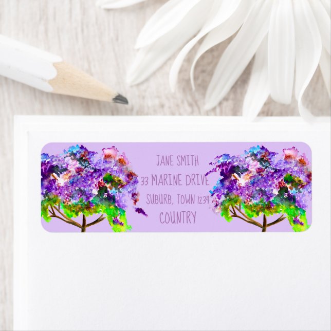 Purple Jacaranda tree watercolor art Label (Insitu)