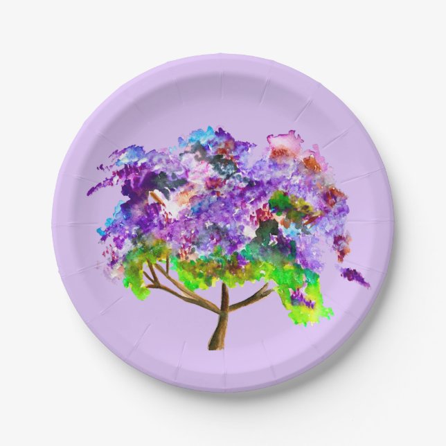 Purple Jacaranda tree watercolor art Paper Plates (Front)