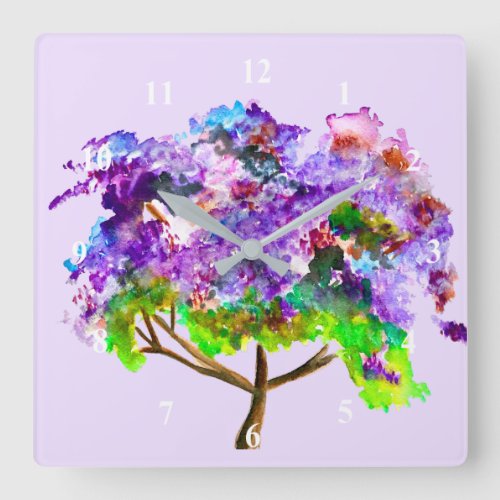 Purple Jacaranda tree watercolor fine art Square Wall Clock