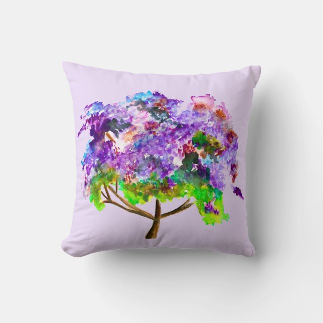 Purple Jacaranda tree watercolor fine art Throw Pillow (Front)