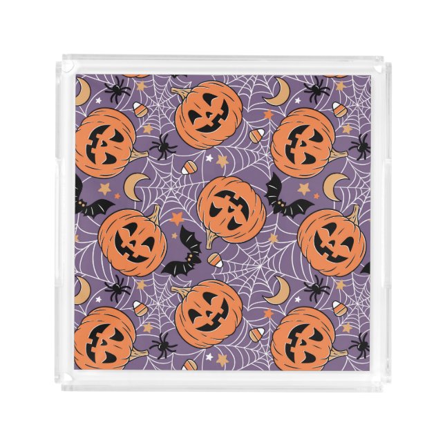 Purple Jack-O-Lantern Halloween Pattern Acrylic Tray (Front)
