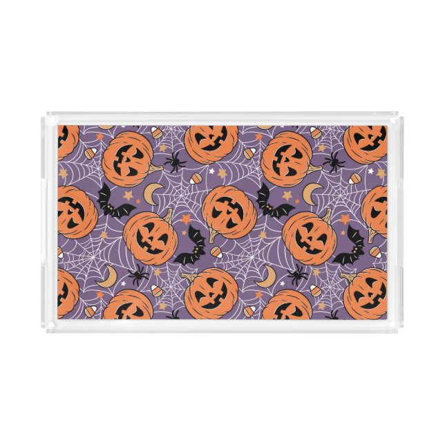 Purple Jack-O-Lantern Halloween Pattern Acrylic Tray (Front)