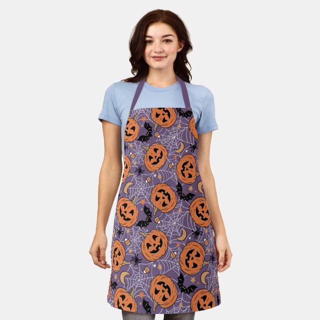 Purple Jack-O-Lantern Halloween Pattern Apron (Worn)