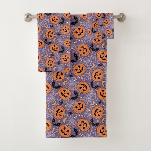 Purple Jack_O_Lantern Halloween Pattern Bath Towel Set