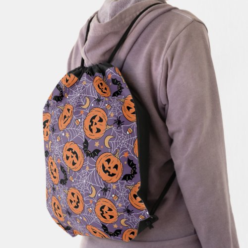 Purple Jack_O_Lantern Halloween Pattern Drawstring Bag