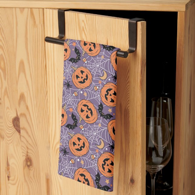 Purple Jack-O-Lantern Halloween Pattern Kitchen Towel (Thirds Fold)