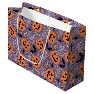Purple Jack-O-Lantern Halloween Pattern Large Gift Bag