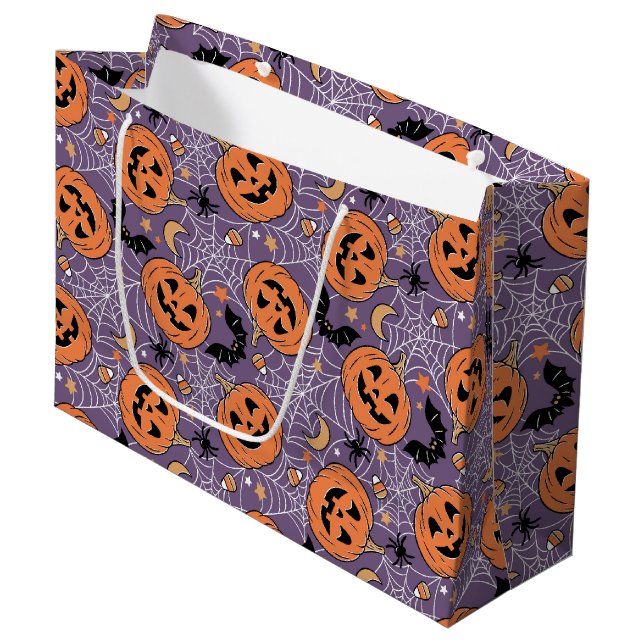 Purple Jack-O-Lantern Halloween Pattern Large Gift Bag (Front Angled)