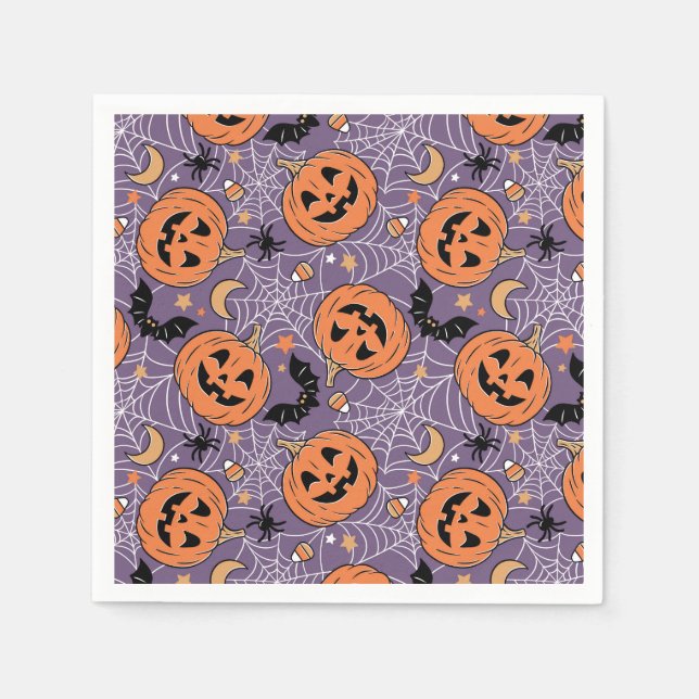 Purple Jack-O-Lantern Halloween Pattern Napkins (Front)