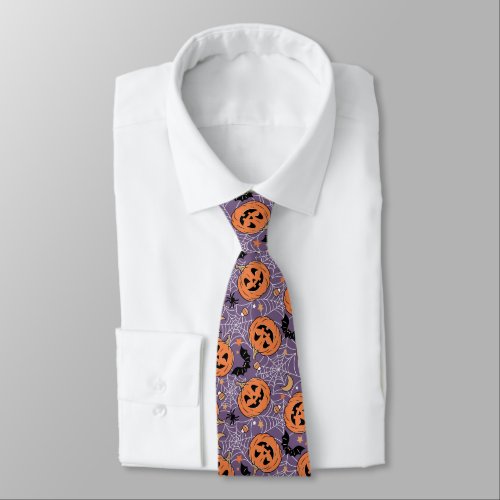 Purple Jack_O_Lantern Halloween Pattern Neck Tie