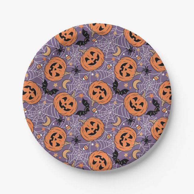 Purple Jack-O-Lantern Halloween Pattern Paper Plates (Front)