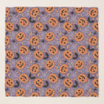 Purple Jack-O-Lantern Halloween Pattern Scarf<br><div class="desc">This design features a vibrant Halloween pattern with a playful and cute design. The pattern showcases bright orange jack-o'-lanterns with various cheerful and friendly expressions. These pumpkins are surrounded by a purple background filled with white spiderwebs, black bats, crescent moons, stars, candy corn, and small spiders. The overall theme is...</div>