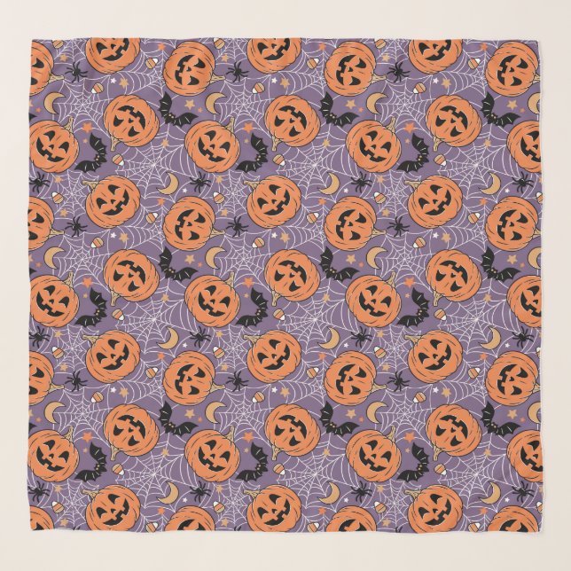 Purple Jack-O-Lantern Halloween Pattern Scarf (Front)