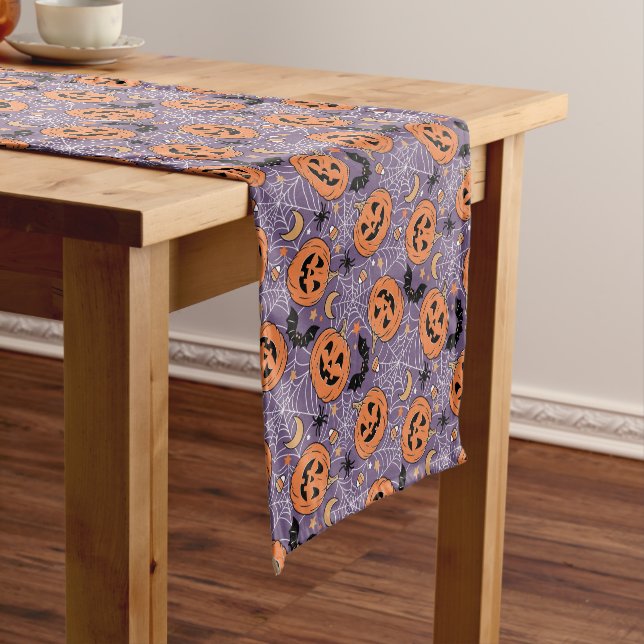 Purple Jack-O-Lantern Halloween Pattern Short Table Runner (In Situ)