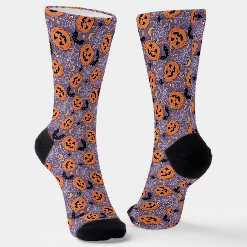 Purple Jack_O_Lantern Halloween Pattern Socks