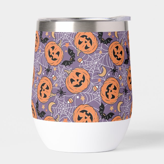 Purple Jack-O-Lantern Halloween Pattern Thermal Wine Tumbler (Left)