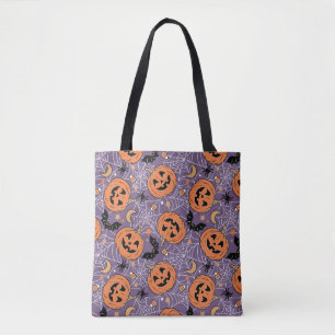 Purple Jack-O-Lantern Halloween Pattern Tote Bag