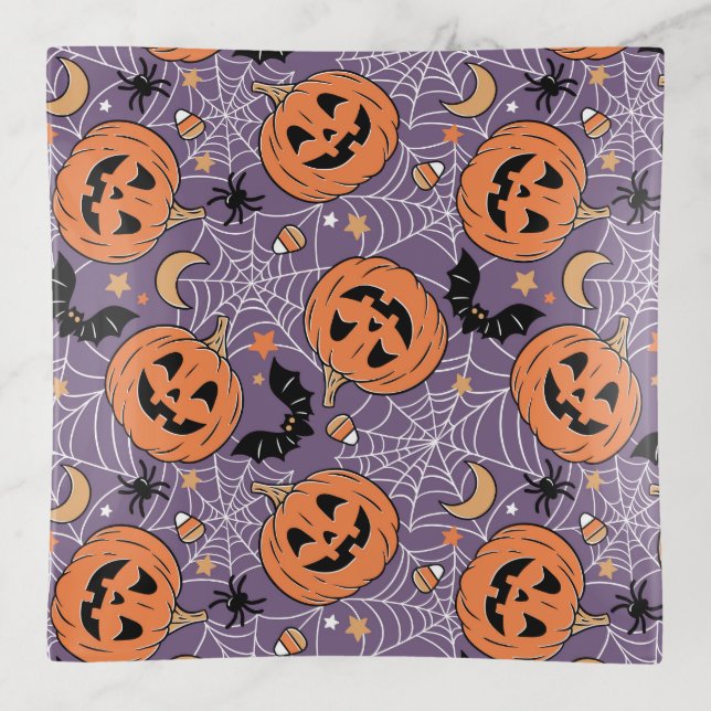 Purple Jack-O-Lantern Halloween Pattern Trinket Tray (Front)