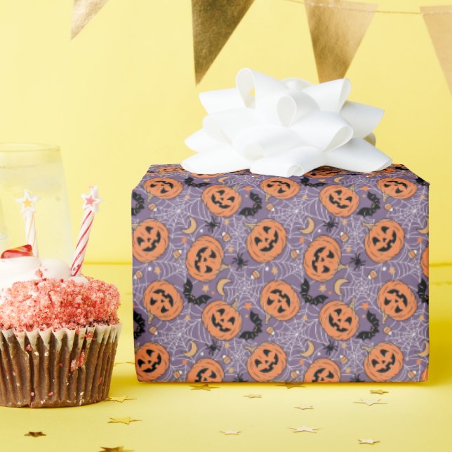 Purple Jack-O-Lantern Halloween Pattern Wrapping Paper (Birthday Party)
