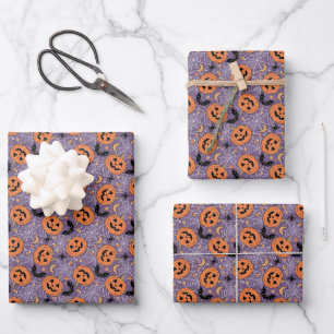 Purple Jack-O-Lantern Halloween Pattern Wrapping Paper Sheets
