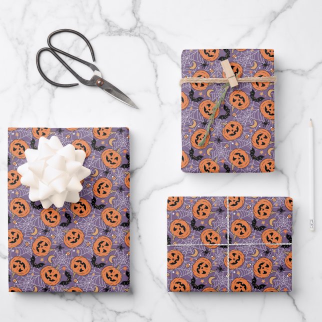 Purple Jack-O-Lantern Halloween Pattern Wrapping Paper Sheets (Front)